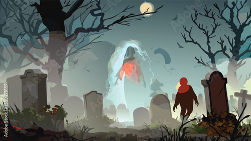 A spooky scene featuring a graveyard with tombstones, a ghost, and a figure walking towards the viewer