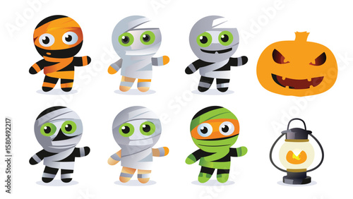 Cartoon halloween mummies and a pumpkin with a lantern on a white background design scene