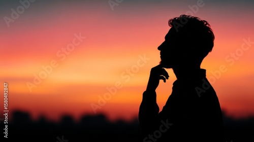 Silhouette of a Man Contemplating at Sunset Over Cityscape
