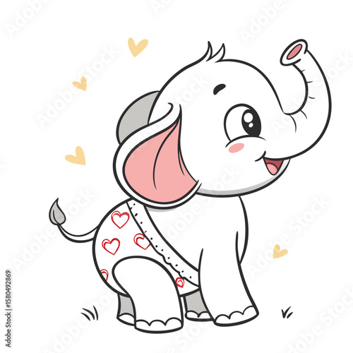 A cute baby elephant wearing a diaper with hearts