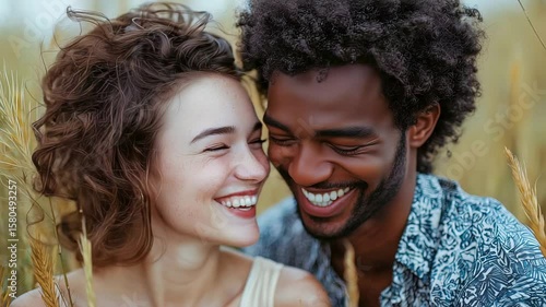 Happy interracial couple laughing together outdoors, joyful man and woman sharing intimate romantic moment in golden sunlight