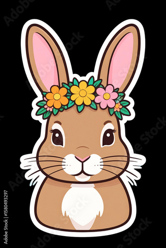 Cute Easter bunny cartoon stickers with a flower crown on their head.