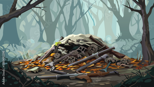 A pile of scrap metal and wood debris covered with leaves in a misty forest landscape scenery view scene
