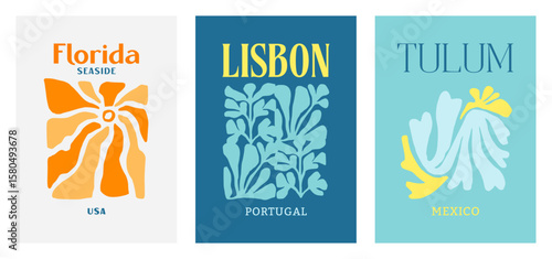 Retro Print Vintage Florida Preppy Wall Art Poster Set, Lisbon and Tulum Summer Slogan Vector Illustration Aesthetic Cutout Shapes Colorful Irregular Paper Cut Collage Mid Century Interior Design