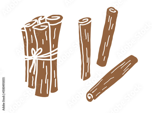 Cinnamon sticks, bark brown spice hand drawn. Set with rolled Cinnamons. Heap Spicy seasoning, condiment aromatic ingredient for cooking, backing, food. Vector illustration on isolated background