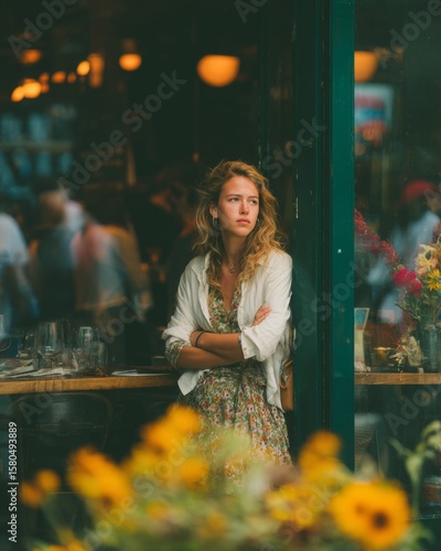 Pensive Young Woman in Floral Dress at a City Cafe