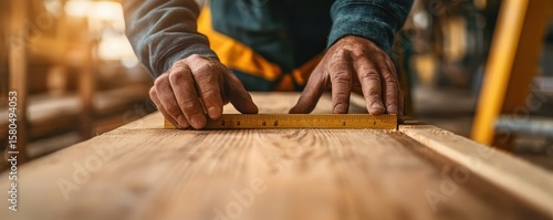 A close-up of a person measuring wood with a ruler, showcasing detailed craftsmanship in a woodworking workshop.