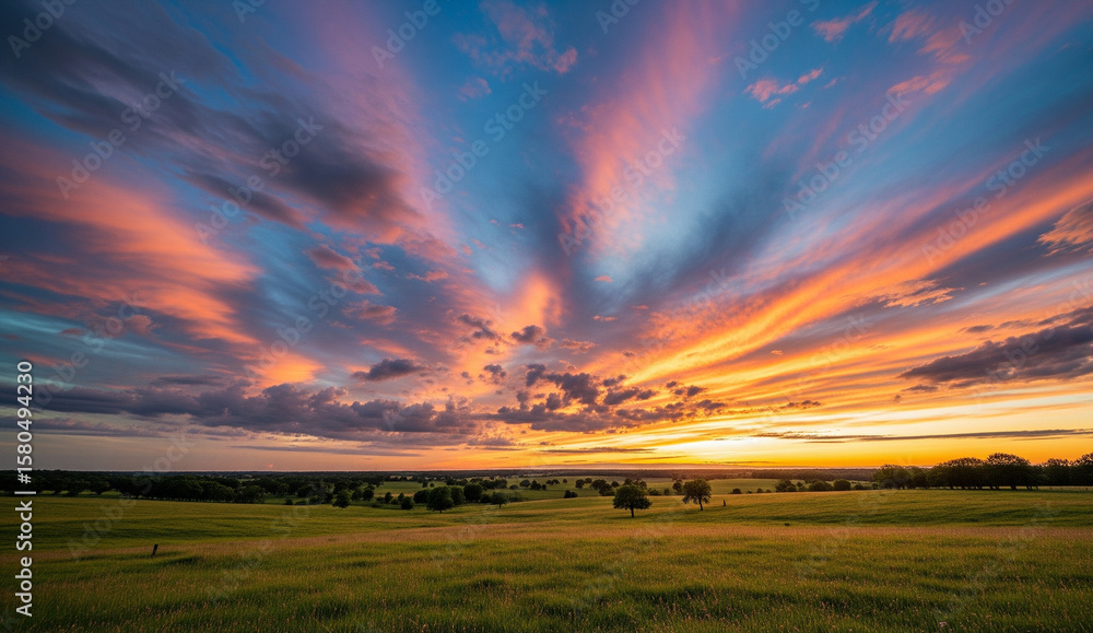 Obraz premium Painted Sky at Dawn: Witness a breathtaking tapestry of light and color as the morning sky explodes in vibrant hues. The rolling landscape adds depth to this stunning natural display.