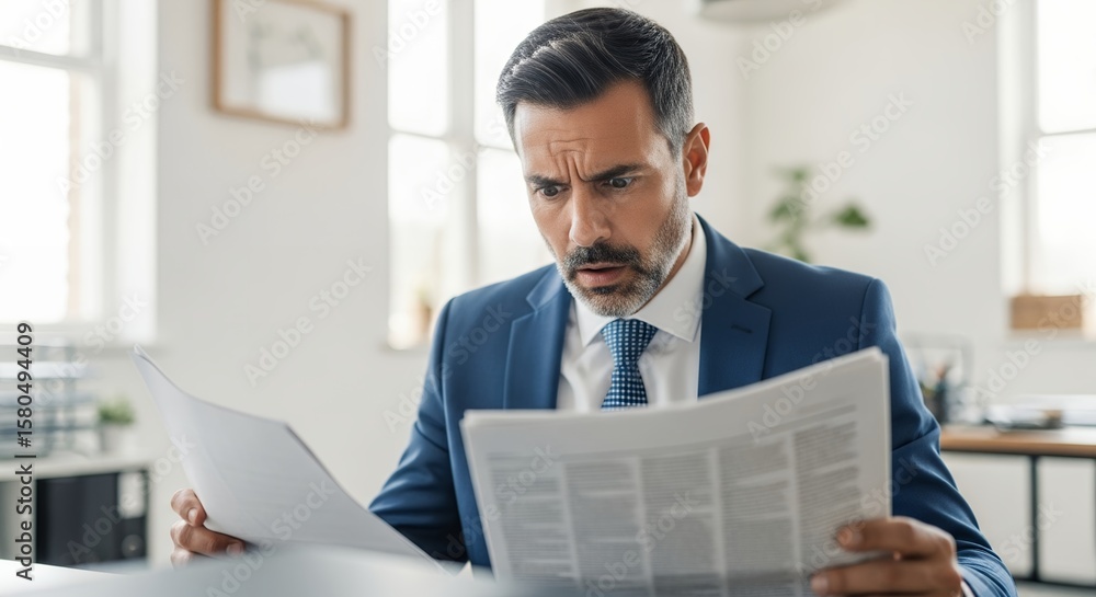 Fototapeta premium Surprised man with wide eyes examines important document receiving unexpected news, concept for illustrating surprising financial news, reacting to business problem impacts and showing unexpected