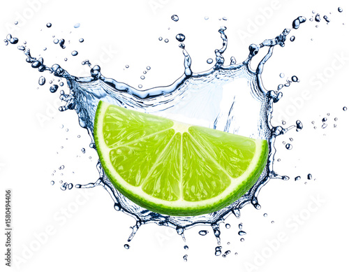 Lime Wedge Splashing into Water, High-Speed Action, isolated