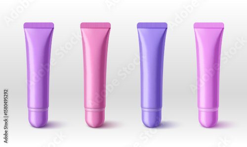 Lip tube set with colorful plastic squeeze containers - purple and pink shades with ribbed caps. Glossy cosmetic packaging mockups for gloss balm products. Beauty branding templates for makeup product