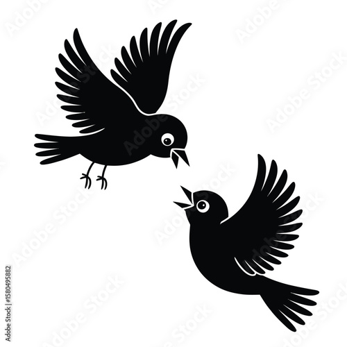 Black and white vector illustration of baby bird learning to fly near parent bird with supportive guidance