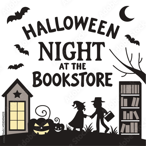 Halloween night at the bookstore featuring bats, moon, pumpkins, and children in silhouette costume
