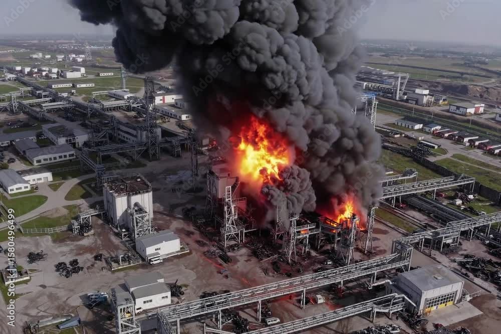 Massive industrial fire engulfs facility causing thick black smoke and ...
