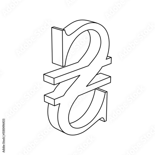 The outline of a large hryvnia symbol is made with black lines. 3D view of the object in perspective. Vector illustration on white background