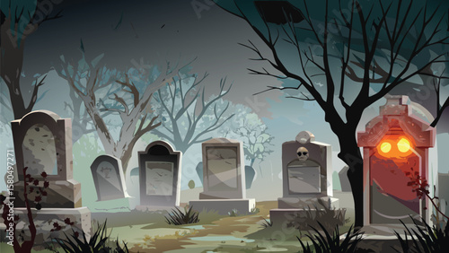 Illustration of a spooky graveyard with tombstones, bare trees, and eerie lighting on a foggy night scene