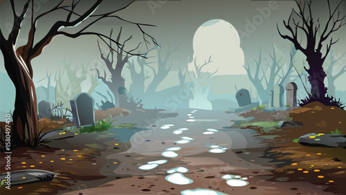 A spooky graveyard scene with bare trees, tombstones, a misty background and a path with puddles of water
