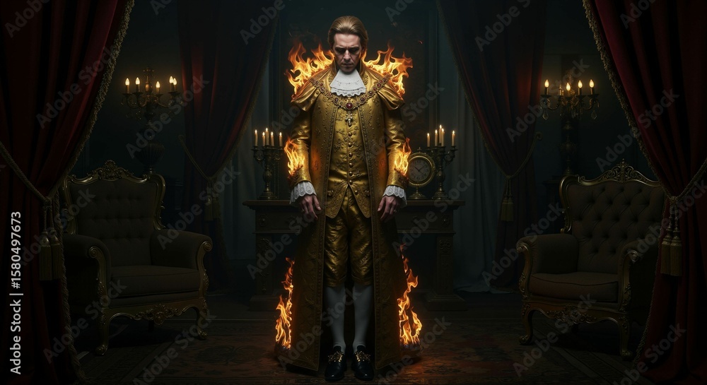 Obraz premium Opulent torment: Golden figure engulfed in flames within a stately setting