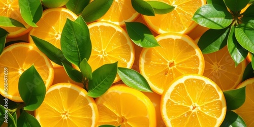 Sun-drenched yellow citrus slices & vibrant green leaves arranged artistically,   refreshing,  yellow