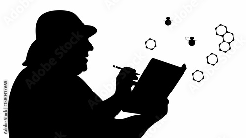 Silhouette of a beekeeper writing in a notebook with bees and honeycomb shapes around him in black and white