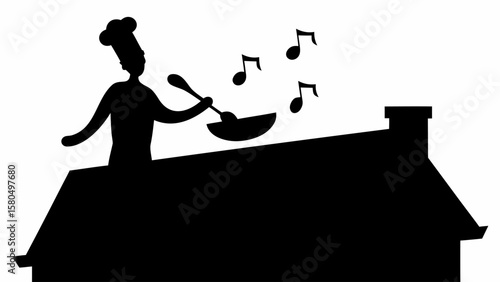 Silhouette of a chef cooking on a roof with music notes floating above, in a black and white illustration