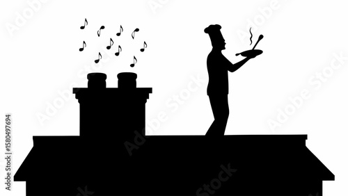 Silhouette of a chef on a rooftop with musical notes rising from chimneys holding food on a plate