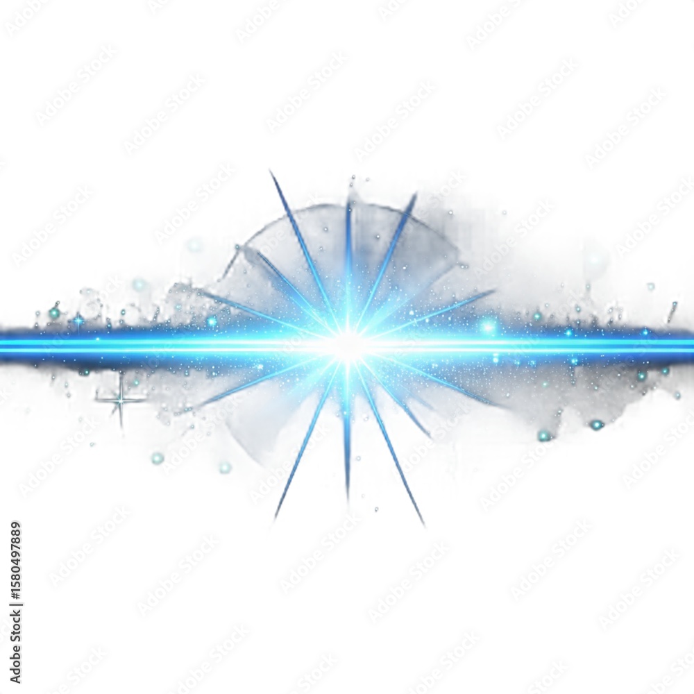 Obraz premium Png glowing horizontal blue light beam with radiant lens flare and shine. Futuristic energy line flash with shimmer, speed, and neon highlight. Transparent digital PNG illustration.