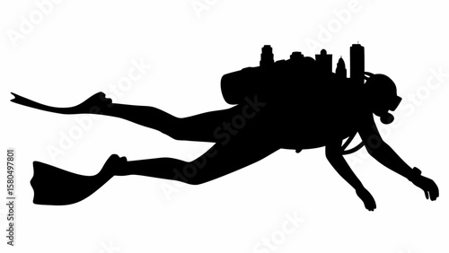 Silhouette of a scuba diver swimming with fins and a tank on their back against a white background image