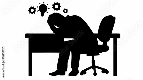 Silhouette of frustrated person at desk with lightbulb and gears representing thoughts and problems