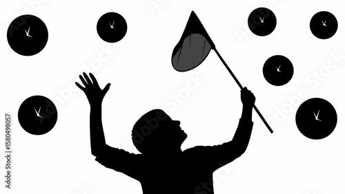Silhouette of a person reaching for clocks with a net in a black and white conceptual illustration
