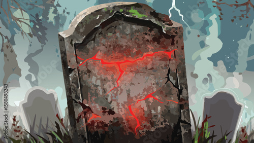 A cracked tombstone with glowing red cracks stands prominently in a spooky graveyard scene at night