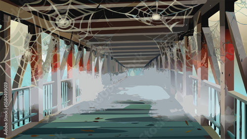 A spooky bridge covered in cobwebs and hanging cloths leading into a foggy and mysterious distance