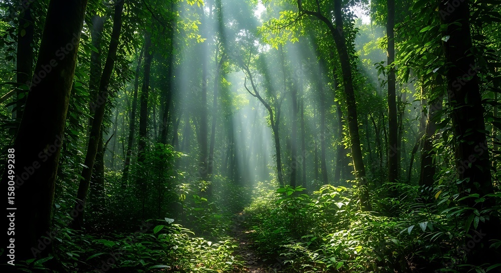 Obraz premium Sun rays stream through the dense canopy of a lush green forest, illuminating the undergrowth and path.