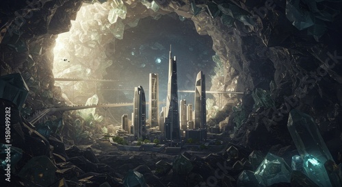 Futuristic City Emerging from Crystal Cave