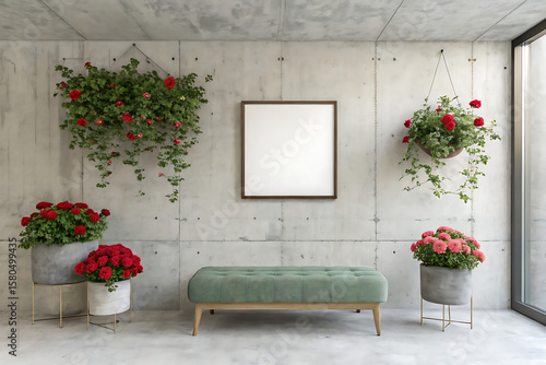 simple concrete interior with centered poster