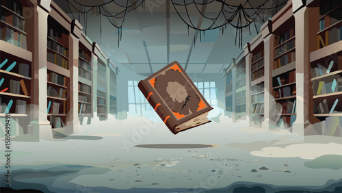 A floating book in a ruined library with shelves filled with books and a foggy atmosphere around it
