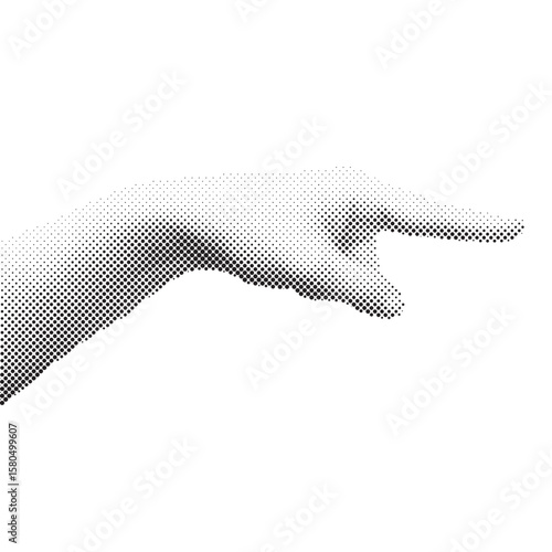 Halftone-stylized hand illustration pointing to the right. Retro comic dot pattern in black and white. Great for pop art, posters, and vintage-style designs