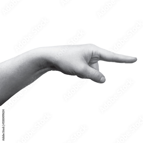 Realistic vector illustration of a human hand pointing to the right. Black and white isolated design element for gesture, direction, or concept use