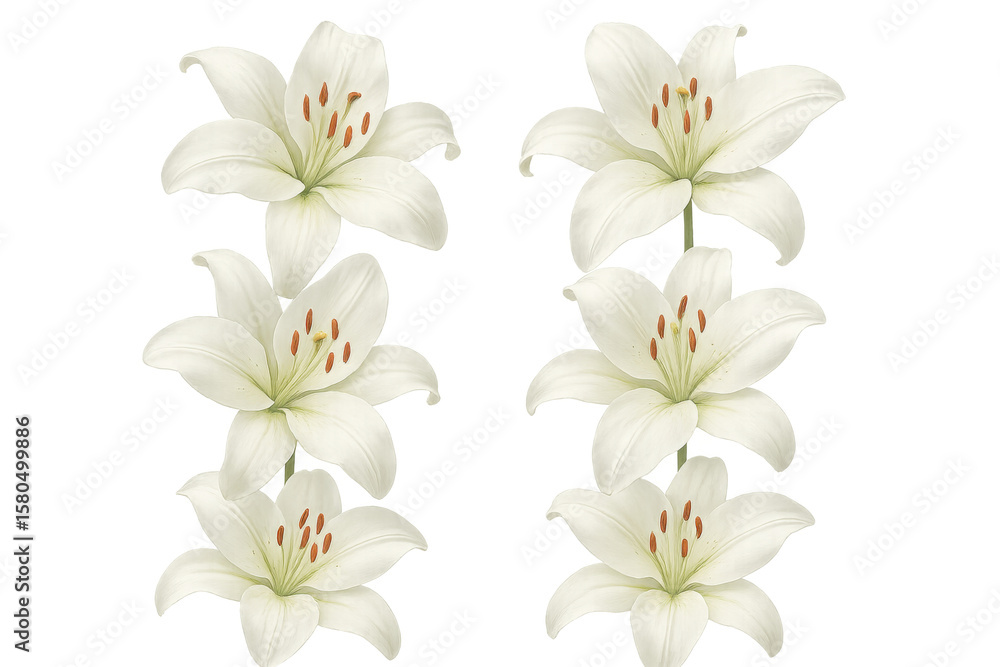 Fototapeta premium Elegant white lilies blooming gracefully, isolated on a transparent background, perfect for design projects