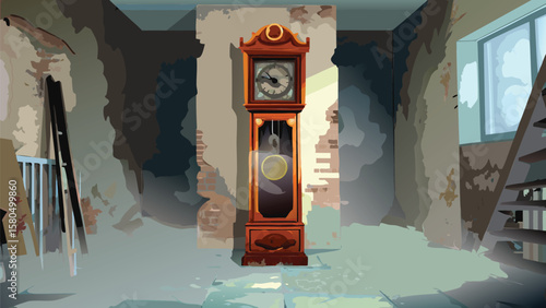 A grandfather clock stands tall in a dilapidated room with peeling walls and a ladder to the side