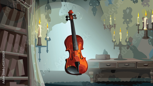 Violin floating in a room with candles and a bookshelf creating a mysterious atmosphere ambiance