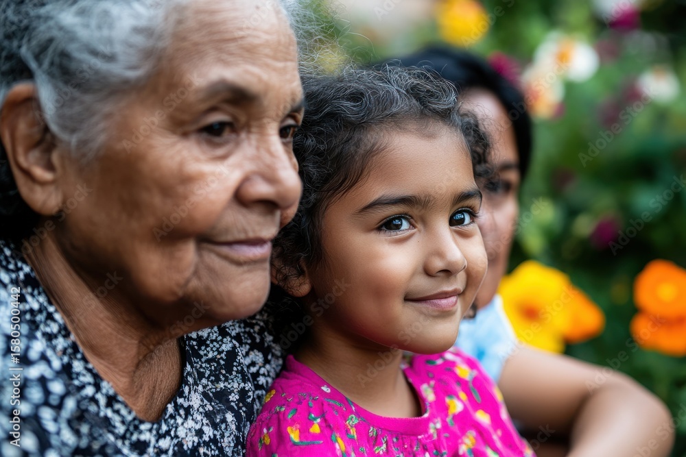 Fototapeta premium Cherished Moments: An older woman, a young girl, and a woman share a tender moment, showcasing the essence of family bonds and love in a vibrant, natural setting. 