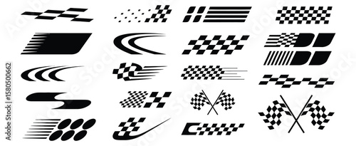 Racing stripes and checkered flag elements with speed lines and car decals