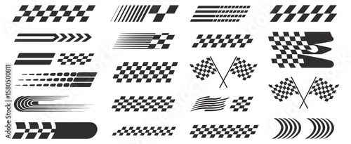 Racing stripes and checkered flag elements with speed lines and car decals
