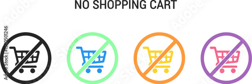 Three colorful no shopping cart icons with text on white background