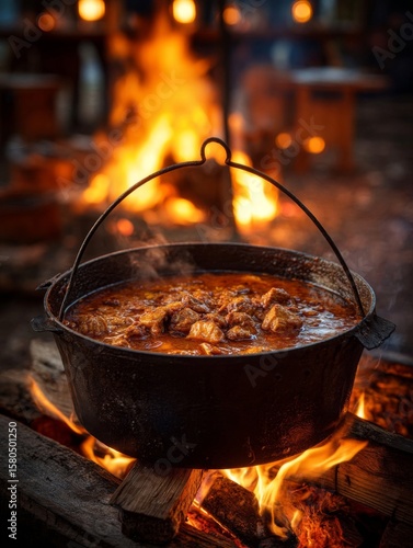 Hearty Stew Cooking over Campfire Flames