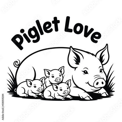 Mother pig resting with three baby piglets in black and white vector illustration of tender farm family moment in grassy field