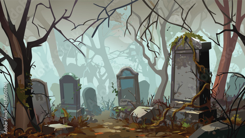 A gloomy graveyard scene with weathered tombstones and bare trees under a misty sky creating an eerie feeling
