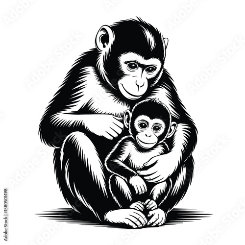 Mother monkey grooming infant capturing tender moment of maternal love in black and white vector illustration