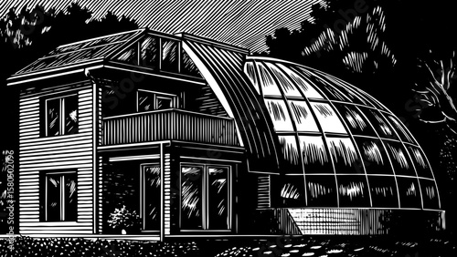 Futuristic smart villa with solar panels, glass dome, and vertical gardens, drawn in conceptual black and white line art illustration perfect for eco friendly, modern, and sci-fi architectural theme